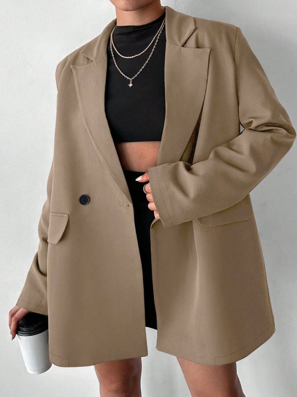 Mocha Brown Casual Women's Oversized Double-Breasted Blazer - Picture 3 of 5